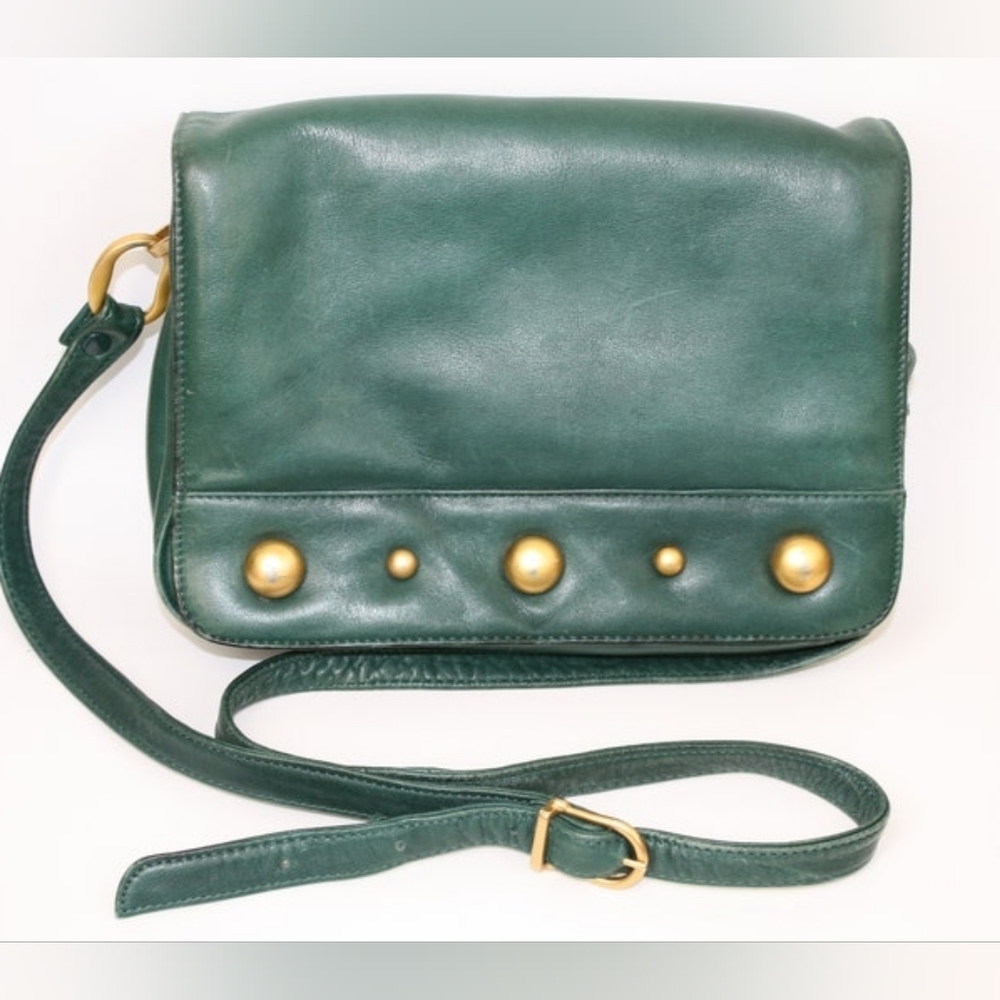 Vintage Green Leather purse Brass Details 1960s 1970s